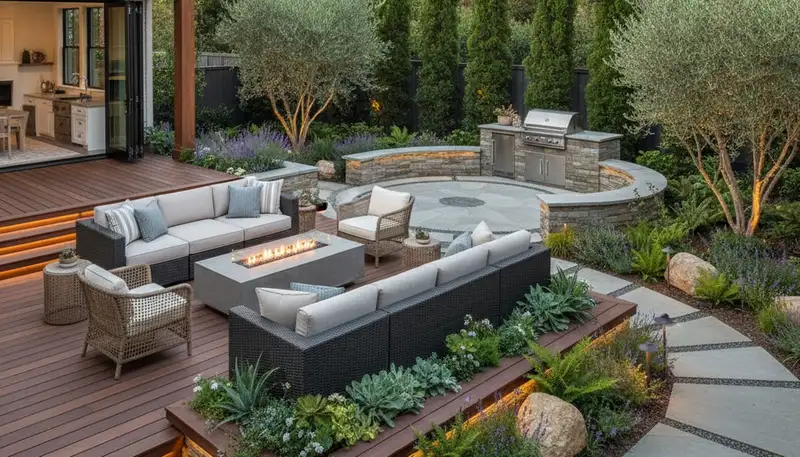 Backyard patio landscape with lighting and greenery by Chop Chop Landscaping in Stockton, CA
