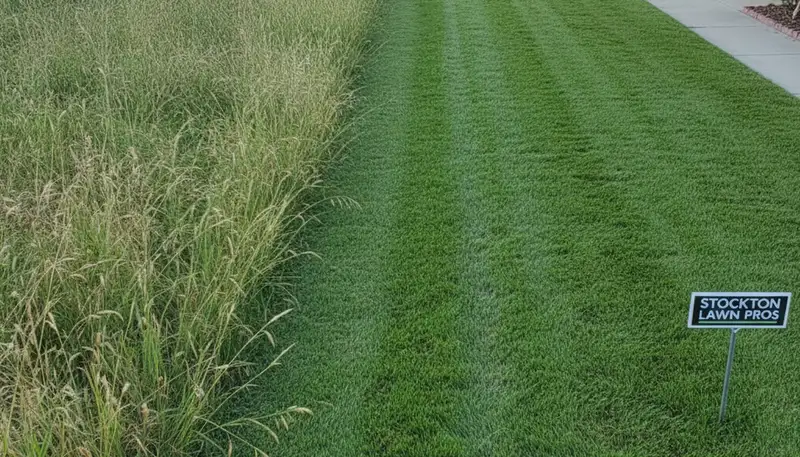 Before and after professional lawn mowing showing property transformation in Stockton, CA