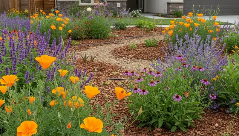 Organic mulch landscape beds with native plants and insects in sustainable Stockton CA yard