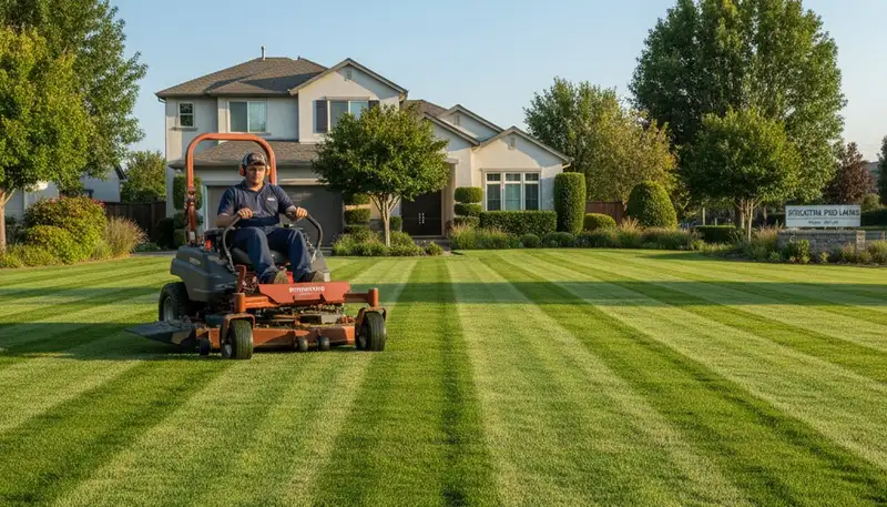 Commercial mower creating precise striped lawn patterns by Chop Chop Landscaping in Stockton, CA