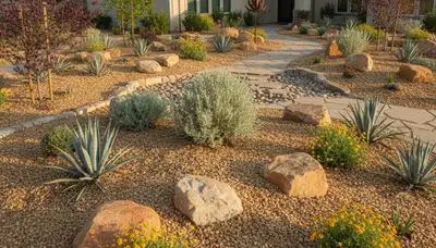 Professional desertscape with native plants and rock mulch in Stockton, CA by Chop Chop Landscaping