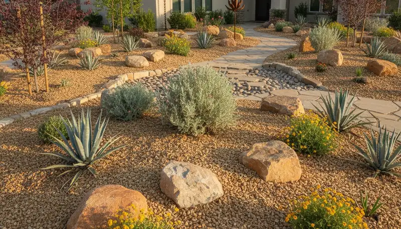 Professional desertscape with native plants and rock mulch in Stockton, CA by Chop Chop Landscaping