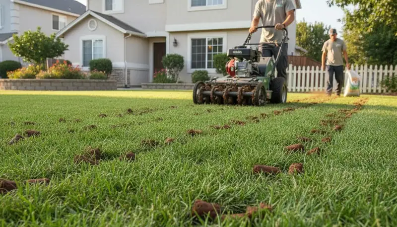Professional lawn aeration in Stockton CA with aerator machine improving soil and turf health