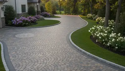 Curved paver driveway design in Stockton, CA showcasing custom landscaping and expert stone craftsmanship