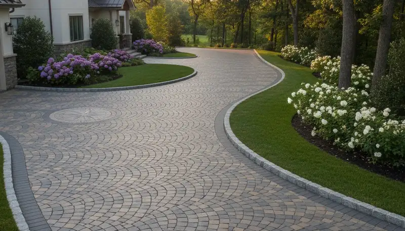 Curved paver driveway design in Stockton, CA showcasing custom landscaping and expert stone craftsmanship