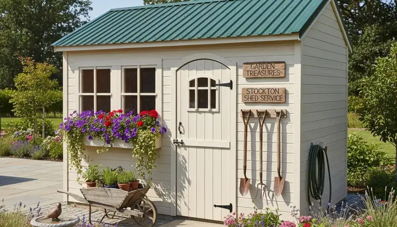 Decorative garden shed with landscape design by Chop Chop Landscaping in Stockton, CA