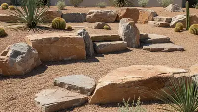 Desert rock garden with boulders and gravel by Chop Chop Landscaping in Stockton, CA