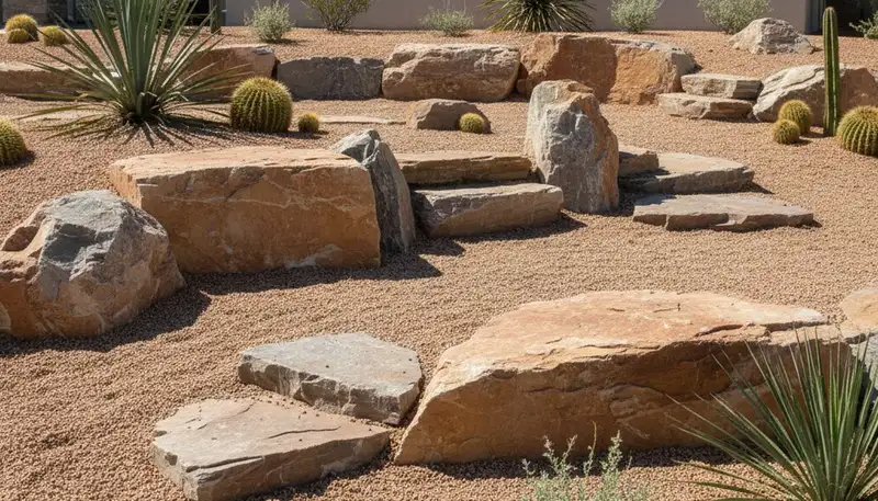 Desert rock garden with boulders and gravel by Chop Chop Landscaping in Stockton, CA