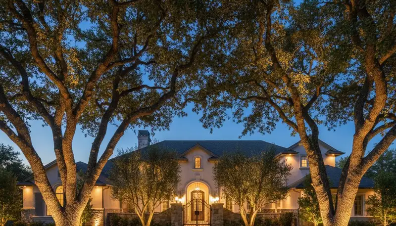 Dramatic tree uplighting highlighting mature trees at night by Chop Chop Landscaping in Stockton, CA