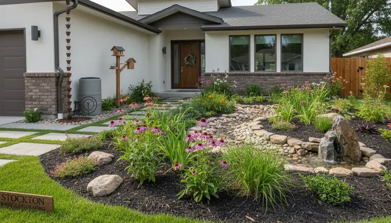 Rain garden and water conservation landscape design in Stockton, CA by organic landscaping experts