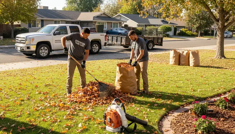 Professional landscapers performing fall leaf removal and yard cleanup in Stockton, CA