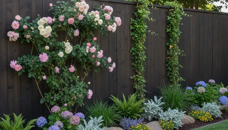 Wood fence with climbing plants and garden beds by Chop Chop Landscaping in Stockton, CA