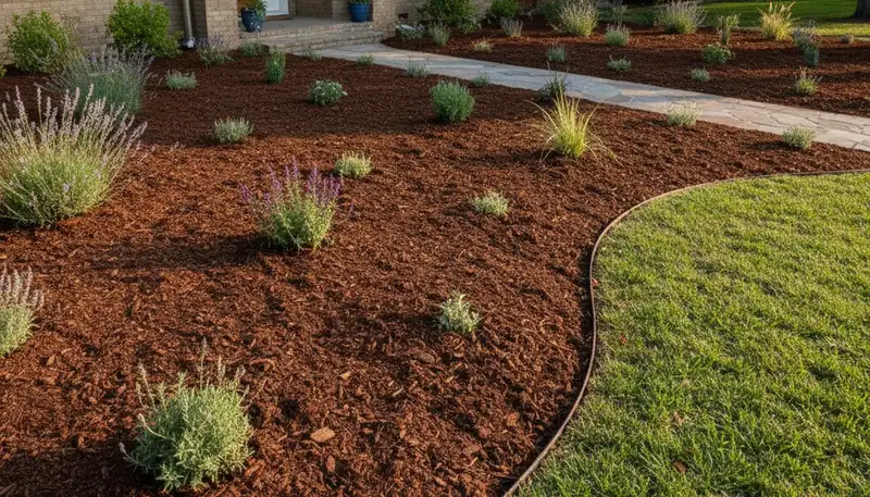Fresh mulch installation in Stockton CA showcasing clean beds and professional landscaping craftsmanship