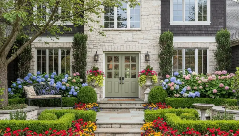 Front yard landscape design with colorful plants and shrubs by professional landscapers in Stockton, CA