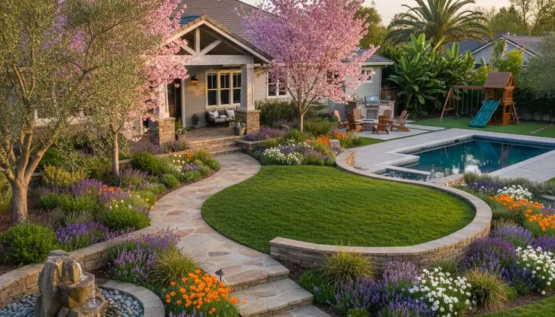 Full property landscape transformation with lawn, trees, and hardscape by landscapers in Stockton, CA