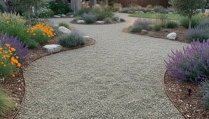 Pea gravel garden pathway installation in Stockton, CA with clean edging and natural drainage design