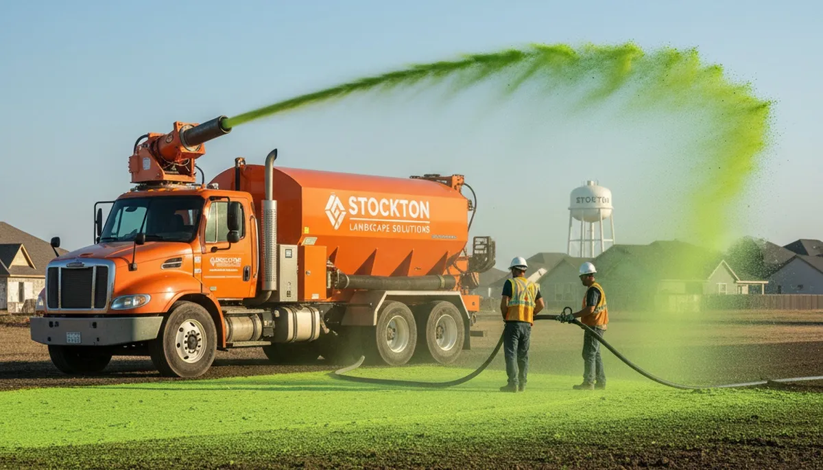 Hydroseeder truck spraying green slurry on new lawn in Stockton, CA for professional landscaping