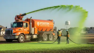 Hydroseeder truck spraying green slurry on new lawn in Stockton, CA for professional landscaping