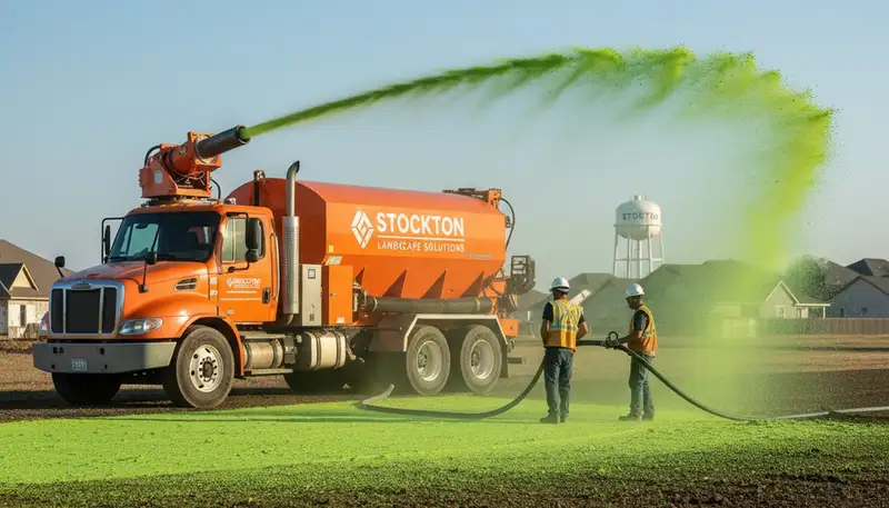 Hydroseeder truck spraying green slurry on new lawn in Stockton, CA for professional landscaping