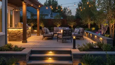 Illuminated deck and patio with post and step lights by Chop Chop Landscaping in Stockton, CA