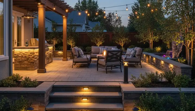 Illuminated deck and patio with post and step lights by Chop Chop Landscaping in Stockton, CA