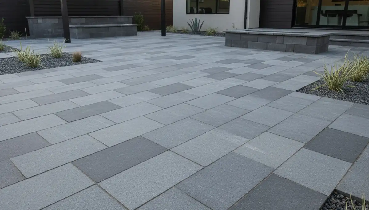 Contemporary large format stone slab patio installation by Chop Chop Landscaping in Stockton, CA