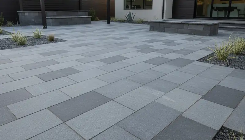 Contemporary large format stone slab patio installation by Chop Chop Landscaping in Stockton, CA