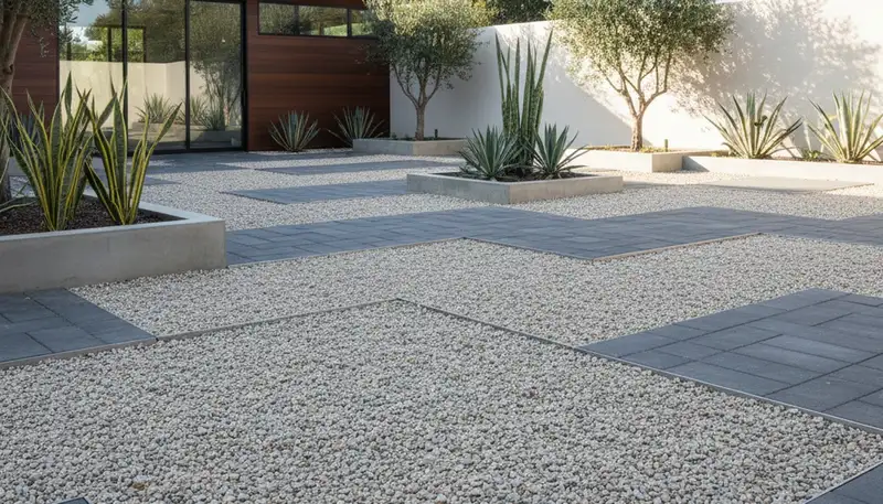 Modern minimalist pea gravel landscape design in Stockton, CA with clean lines and architectural plants
