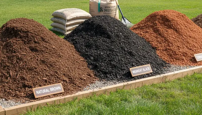 Brown, black, and red mulch varieties displayed for landscaping projects in Stockton, CA