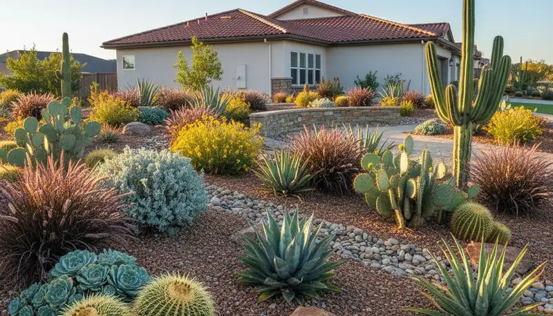 Native desert plants and cacti in water-efficient landscape design by Chop Chop Landscaping Stockton CA