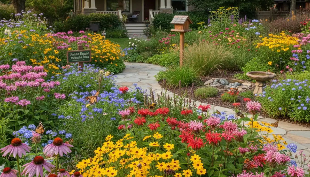 Vibrant native pollinator garden with bees and butterflies by organic landscapers in Stockton, CA