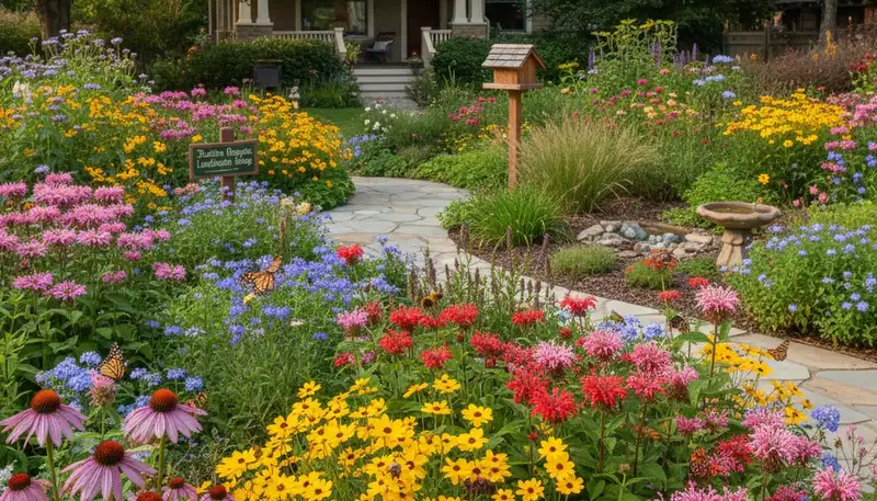 Vibrant native pollinator garden with bees and butterflies by organic landscapers in Stockton, CA