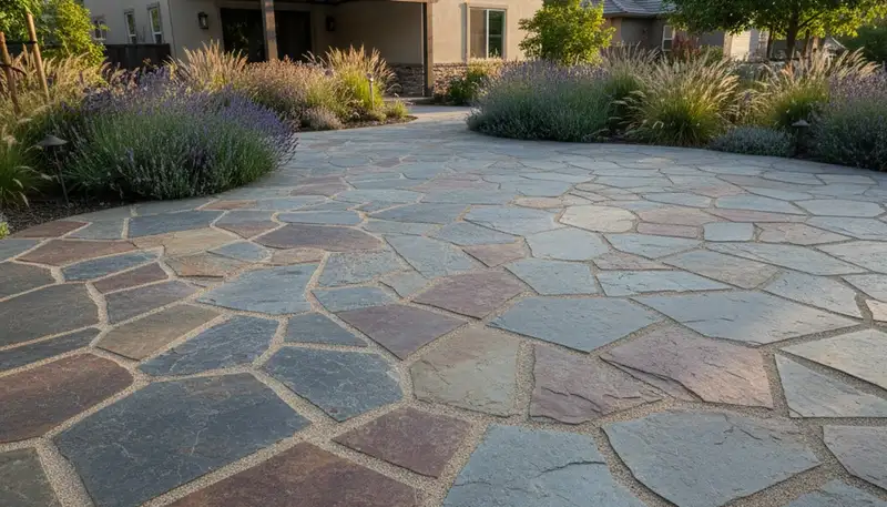 Flagstone patio with natural slate pavers professionally installed in Stockton, CA by Chop Chop Landscaping