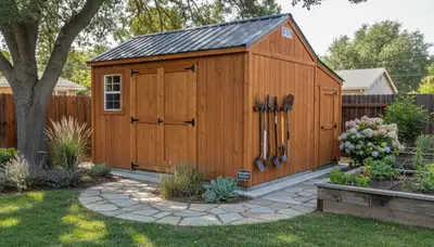 New backyard shed installation by landscaping professionals in Stockton, CA with durable foundation