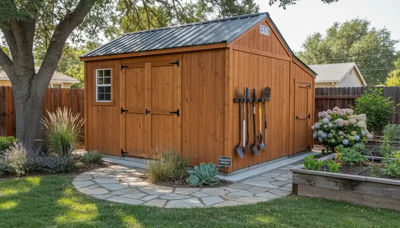 New backyard shed installation by landscaping professionals in Stockton, CA with durable foundation