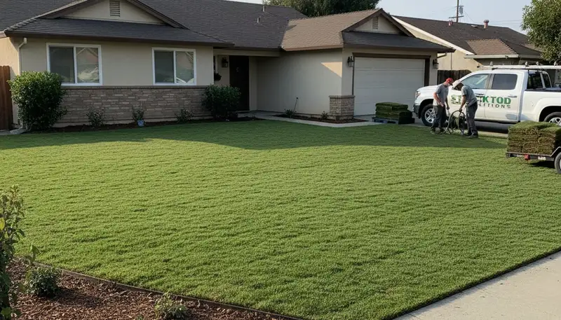Freshly installed green sod lawn by Chop Chop Landscaping in Stockton, CA showcasing professional results