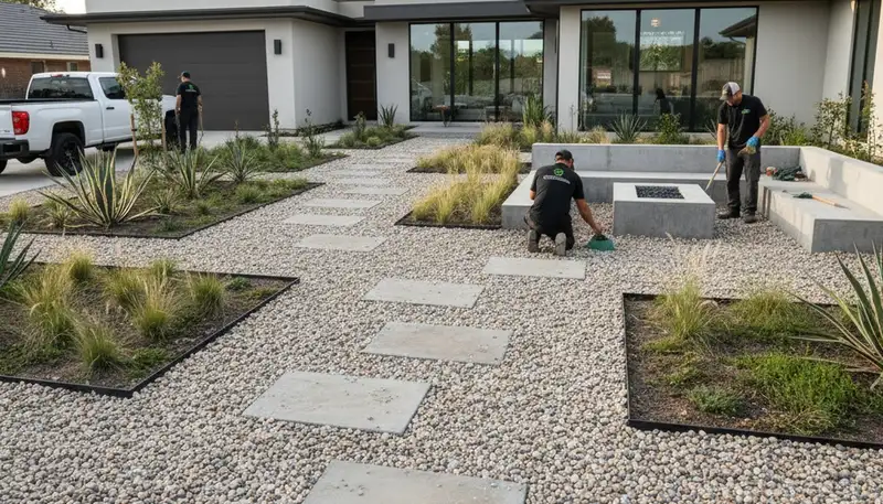 Pea gravel landscaping in Stockton, CA for pathways and drainage by Chop Chop Landscaping