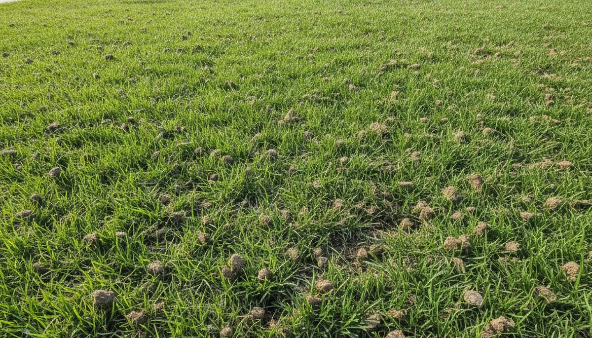 Post-aeration lawn recovery showing lush green turf and soil plugs in Stockton, CA landscaping project