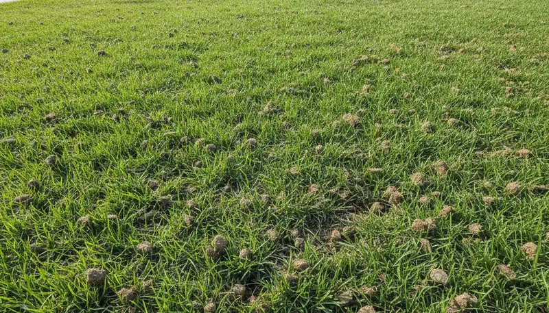 Post-aeration lawn recovery showing lush green turf and soil plugs in Stockton, CA landscaping project