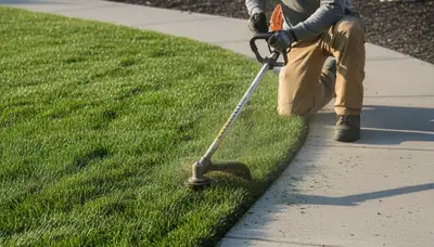 Technician edging lawn with string trimmer for clean borders in Stockton, CA landscaping service
