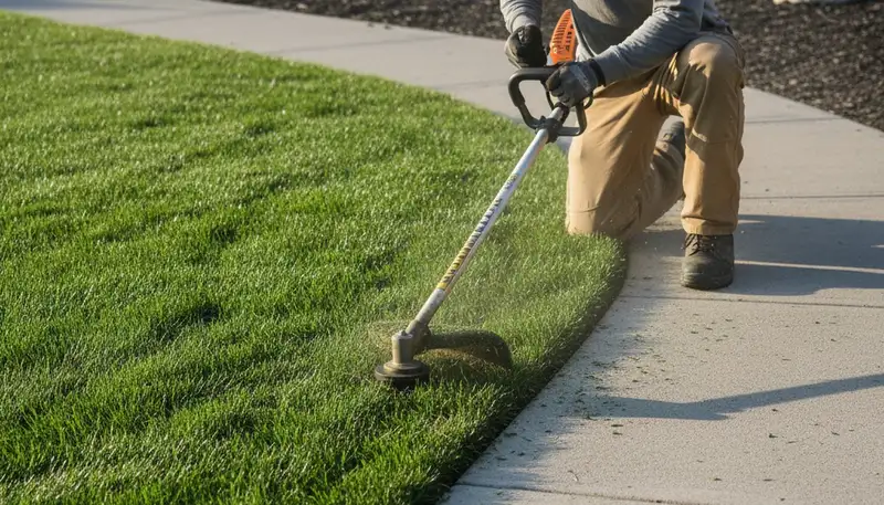 Technician edging lawn with string trimmer for clean borders in Stockton, CA landscaping service
