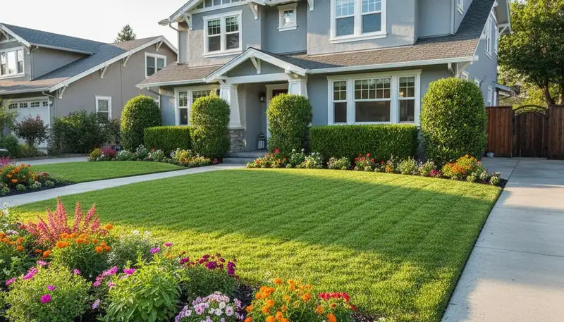 Pristine residential lawn after professional maintenance in Stockton, CA by Chop Chop Landscaping