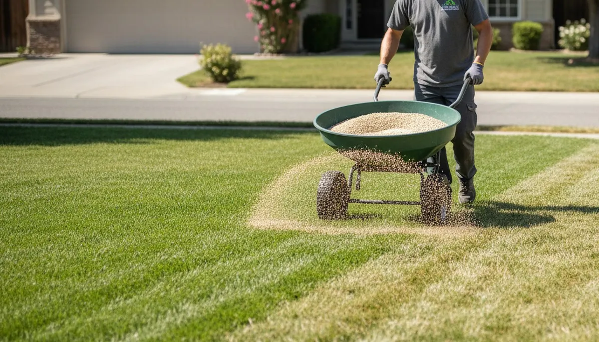 Lawn care technician applying fertilizer with spreader on residential lawn in Stockton, CA