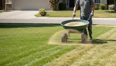 Lawn care technician applying fertilizer with spreader on residential lawn in Stockton, CA