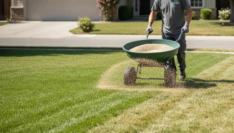 Lawn care technician applying fertilizer with spreader on residential lawn in Stockton, CA