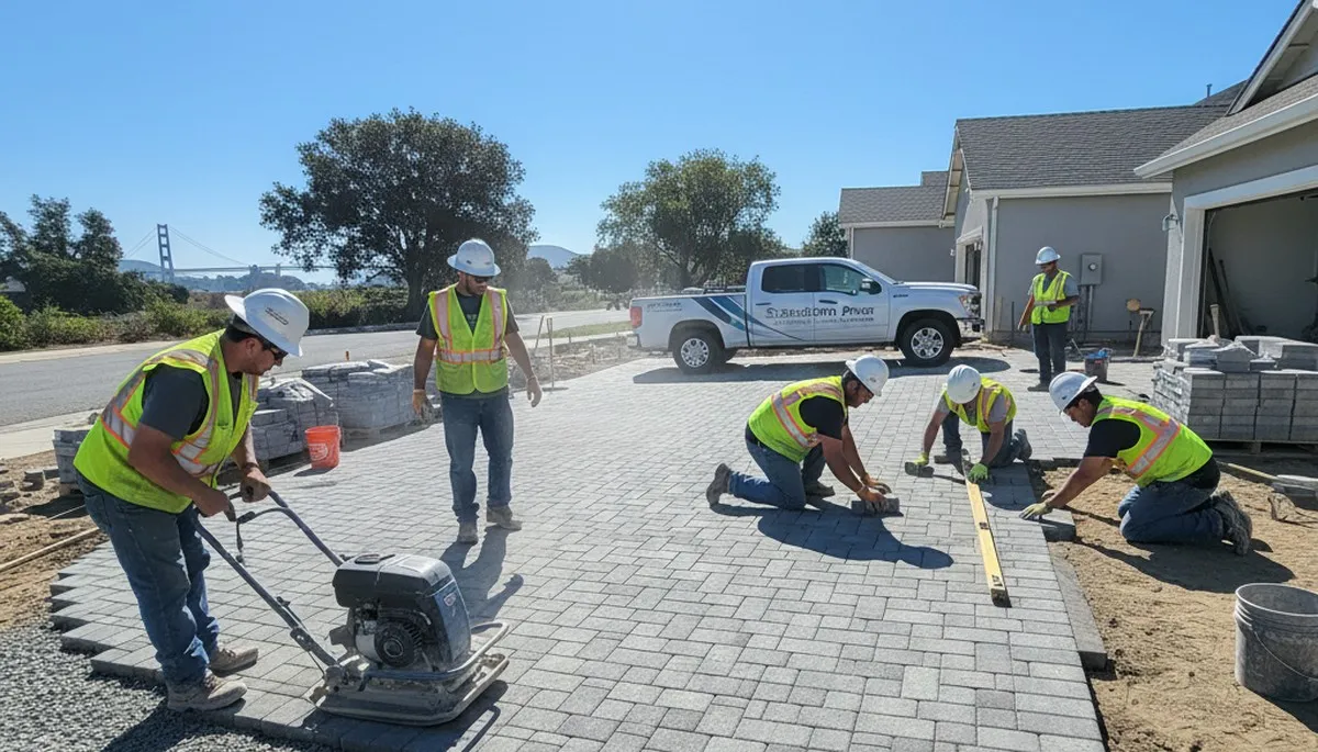 Professional crew installing driveway pavers in Stockton, CA with precise base prep and leveling work