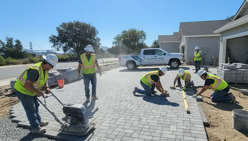 Professional crew installing driveway pavers in Stockton, CA with precise base prep and leveling work