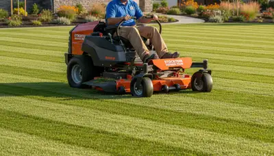 Professional lawn mowing with striped patterns and clean edging on Stockton, CA residential lawn