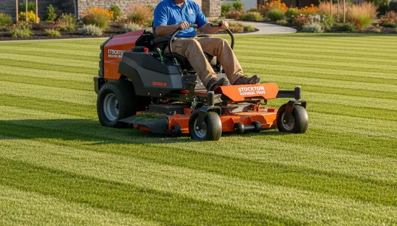 Professional lawn mowing with striped patterns and clean edging on Stockton, CA residential lawn