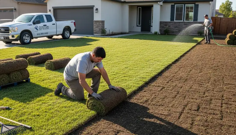 Professional landscaper installing fresh sod rolls in Stockton, CA for vibrant lawn transformation